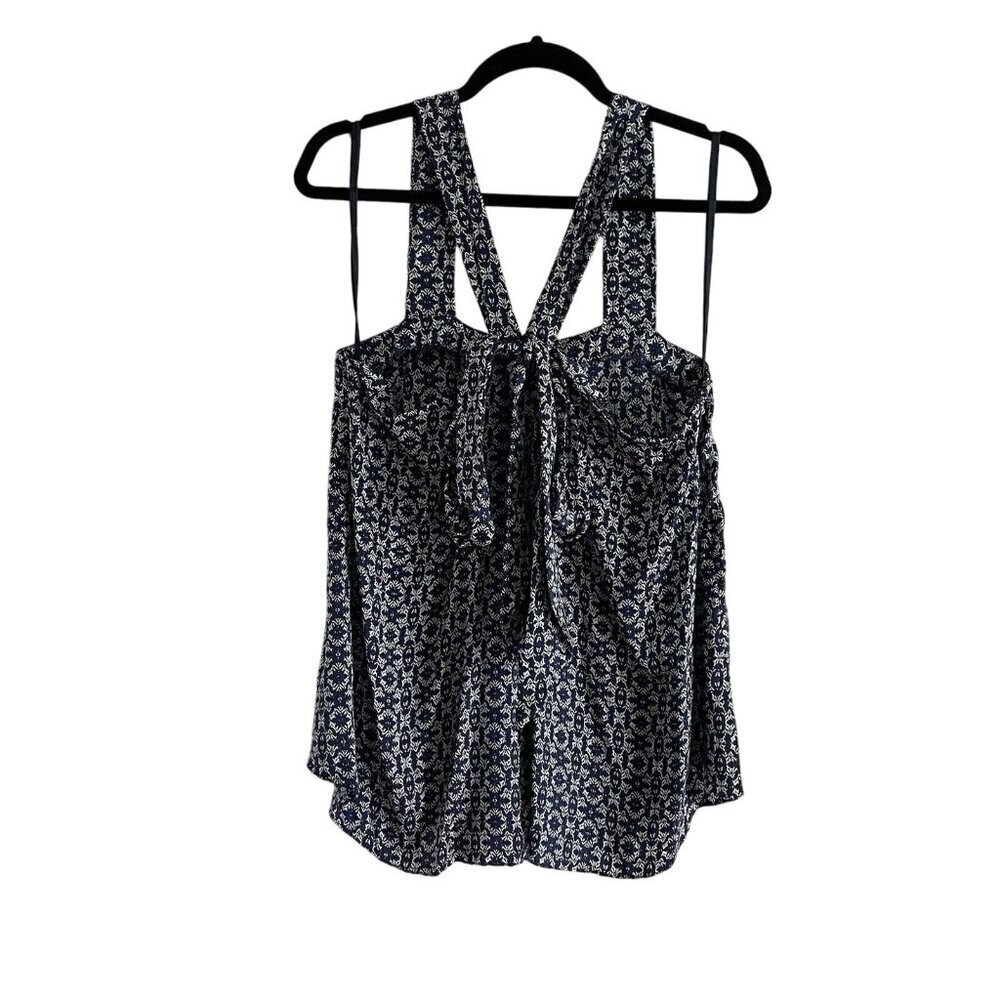 W By Worth Women SZ 10 Navy Blue/White 100% Silk Tie Front Tank Top Blouse